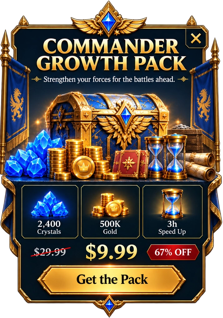 Festes GameMantra-In-Game-Angebot „Commander Growth Pack“ mit einem standardmäßig konfigurierten Ressourcenpaket und Preis